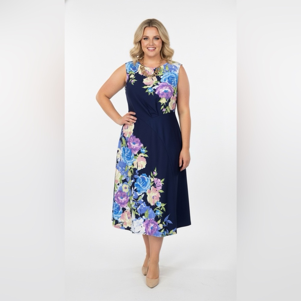 London Times Navy Floral Midi Dress